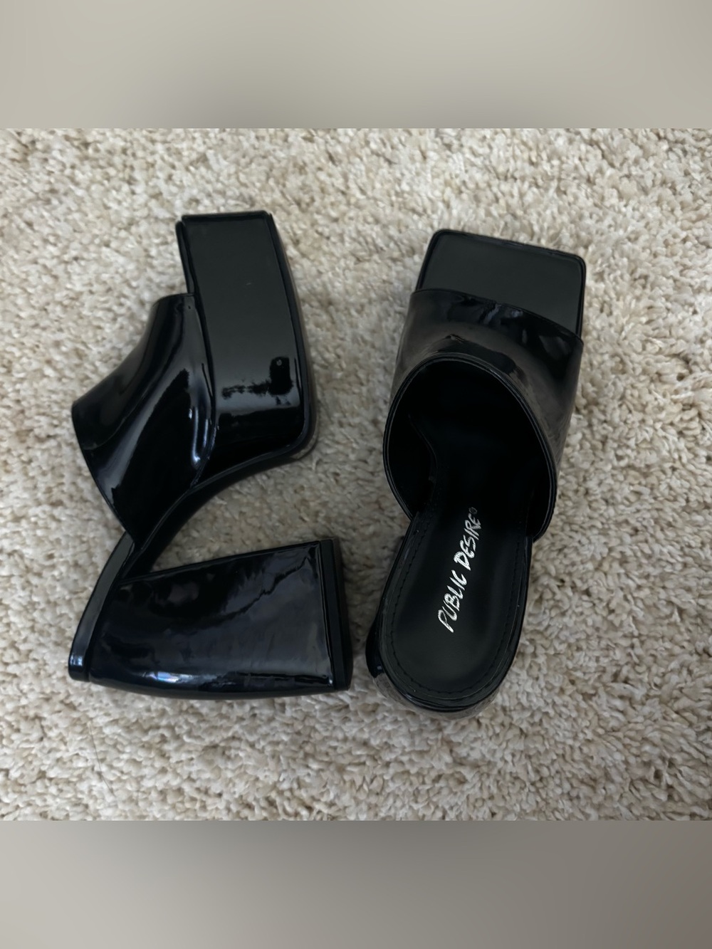 NWT Public Desire Black Patent Square Toe Platform Mules